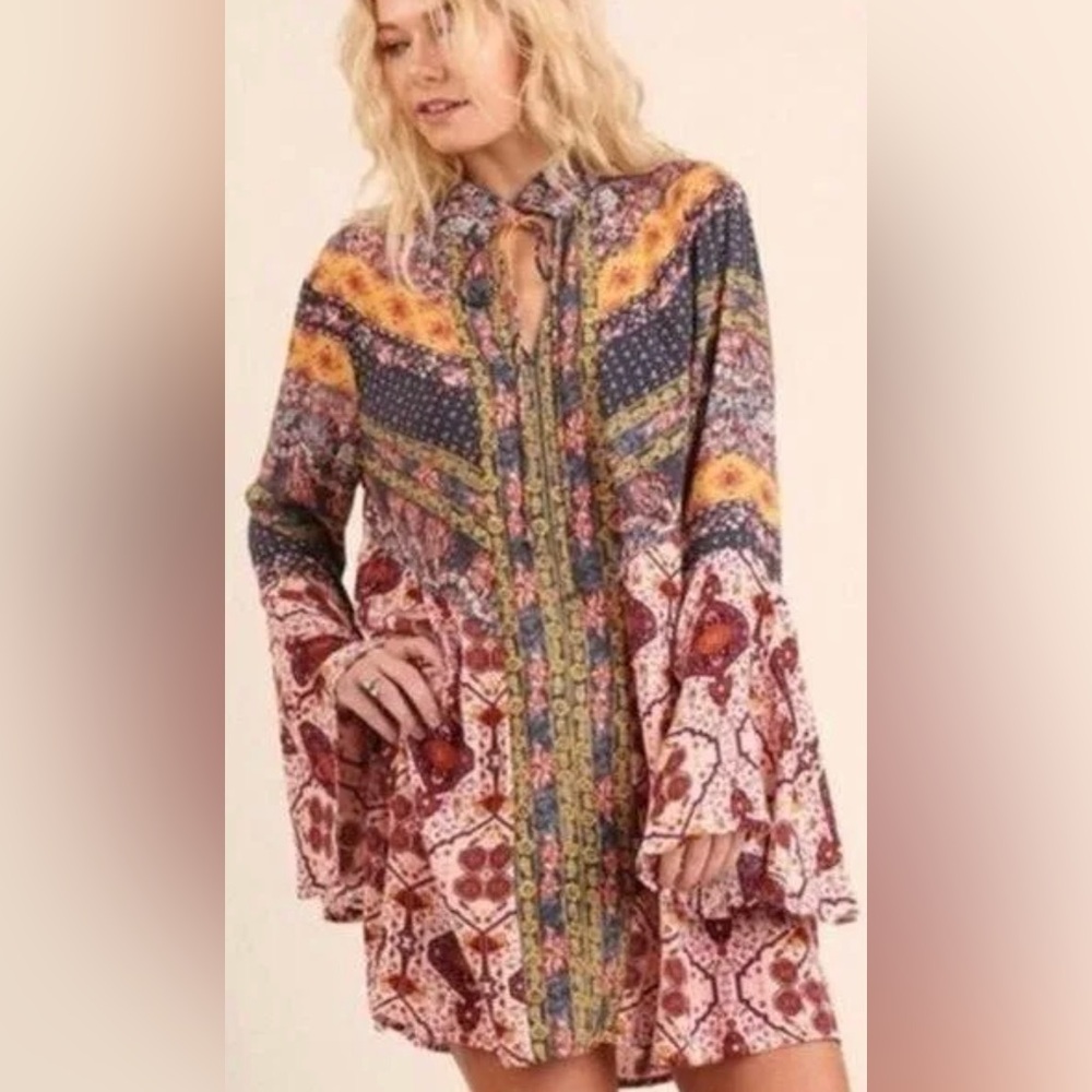 UMGEE Bohemian Bell Sleeve Causal Shirt Dress Small